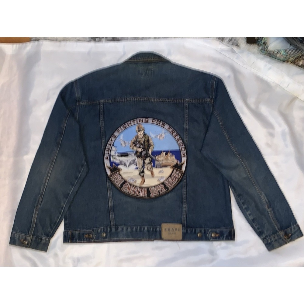 Vintage Chaps Fight For Freedom Patch Denim Jacket Trucker Men Size XL 90s